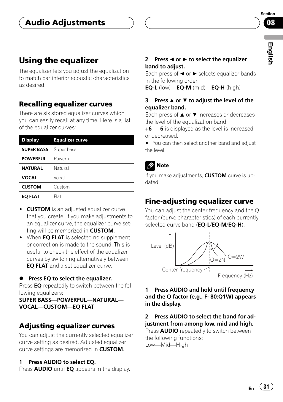 Using the equalizer 31, Recalling equalizer curves 31, Adjusting equalizer curves 31 | Fine-adjusting equalizer curve 31, Using the equalizer, Audio adjustments, Recalling equalizer curves, Adjusting equalizer curves, Fine-adjusting equalizer curve | Pioneer DEH-P4850MP User Manual | Page 31 / 145