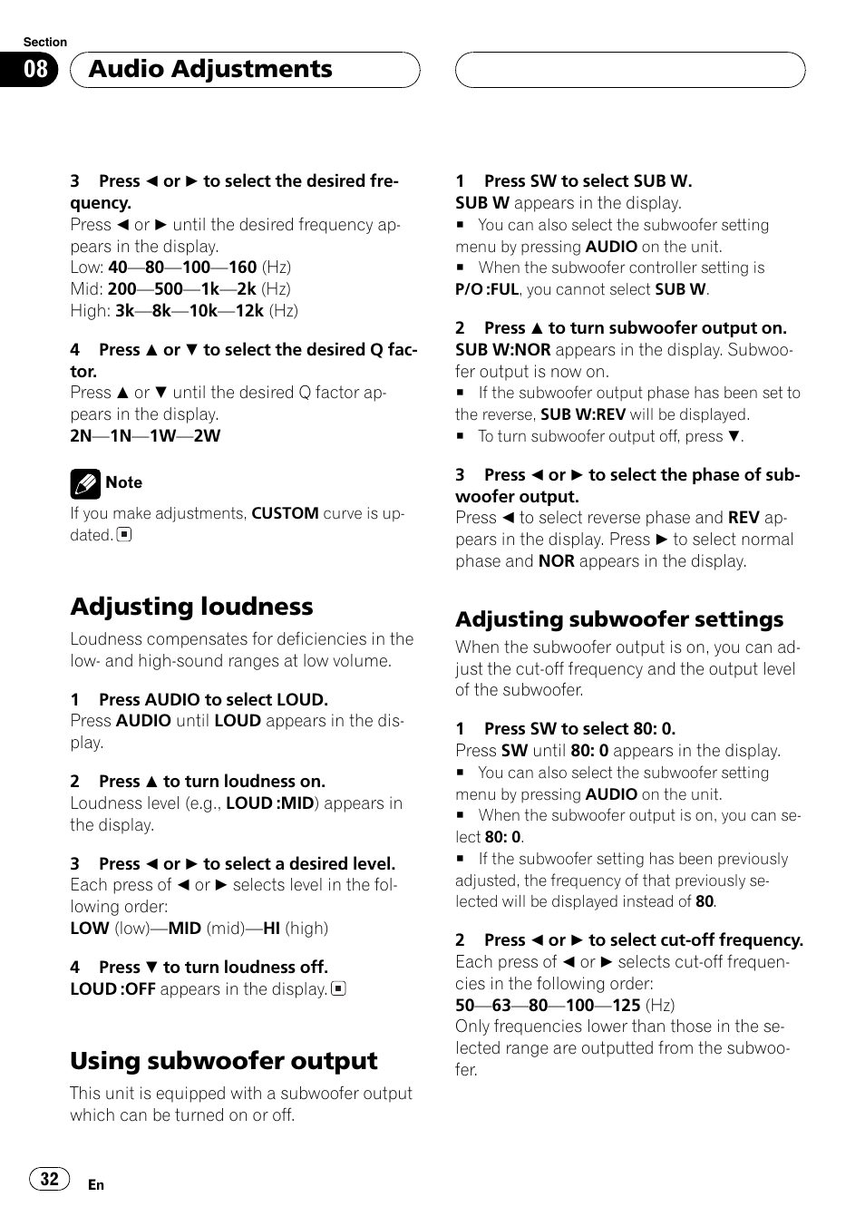 Adjusting loudness 32 using subwoofer output 32, Adjusting subwoofer settings 32, Adjusting loudness | Using subwoofer output, Audio adjustments, Adjusting subwoofer settings | Pioneer DEH-P4850MP User Manual | Page 32 / 145