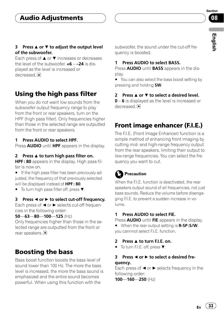 Using the high pass filter, Boosting the bass, Front image enhancer (f.i.e.) | Audio adjustments | Pioneer DEH-P4850MP User Manual | Page 33 / 145