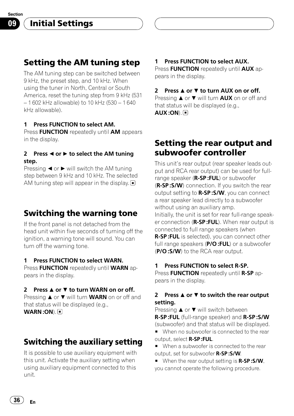Controller 36, Setting the am tuning step, Switching the warning tone | Switching the auxiliary setting, Setting the rear output and subwoofer controller, Initial settings | Pioneer DEH-P4850MP User Manual | Page 36 / 145