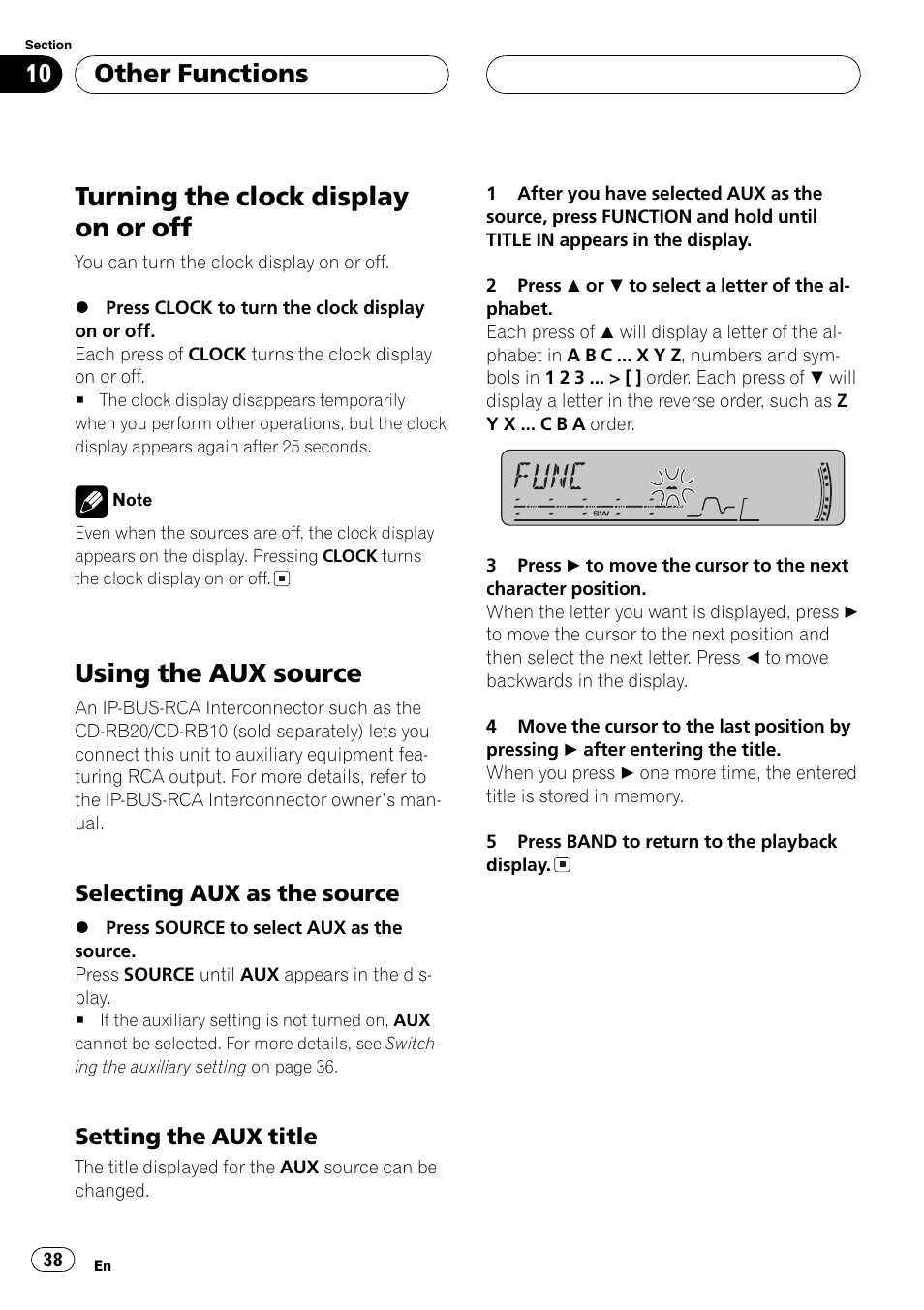 Selecting aux as the source 38, Setting the aux title 38, Turning the clock display on or off | Using the aux source, Other functions | Pioneer DEH-P4850MP User Manual | Page 38 / 145
