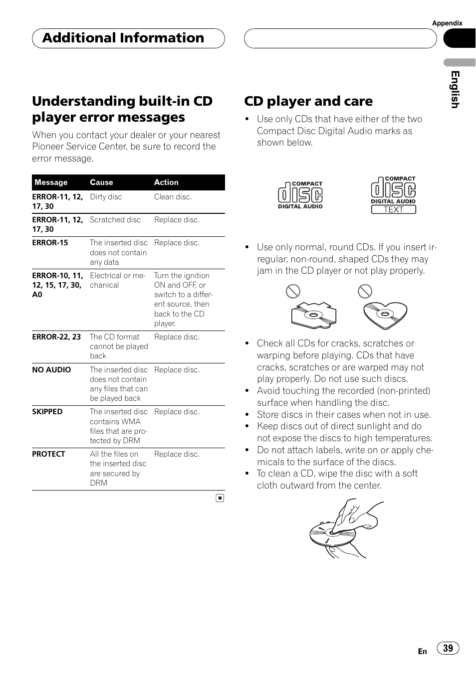 Messages 39, Cd player and care 39, Understanding built-in cd player error messages | Cd player andcare, Additional information, English | Pioneer DEH-P4850MP User Manual | Page 39 / 145