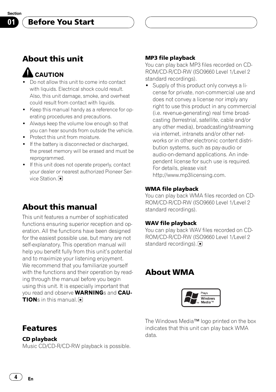 About this unit, About this manual, Features | About wma, Before you start | Pioneer DEH-P4850MP User Manual | Page 4 / 145