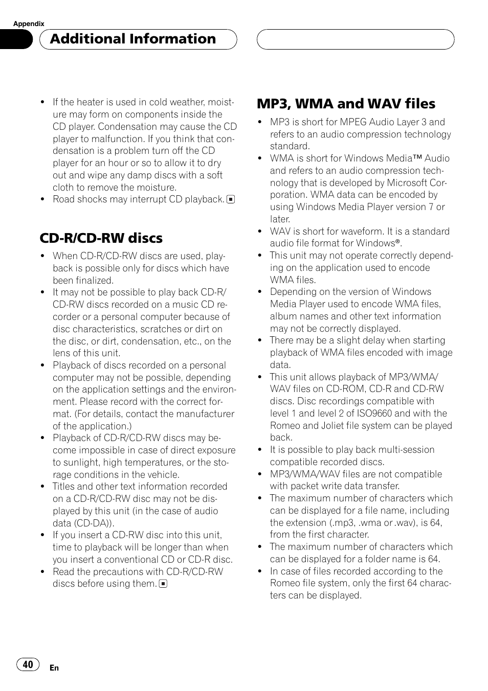 Cd-r/cd-rw discs 40 mp3, wma and wav files 40, Cd-r/cd-rw discs, Mp3, wma andwav files | Additional information | Pioneer DEH-P4850MP User Manual | Page 40 / 145