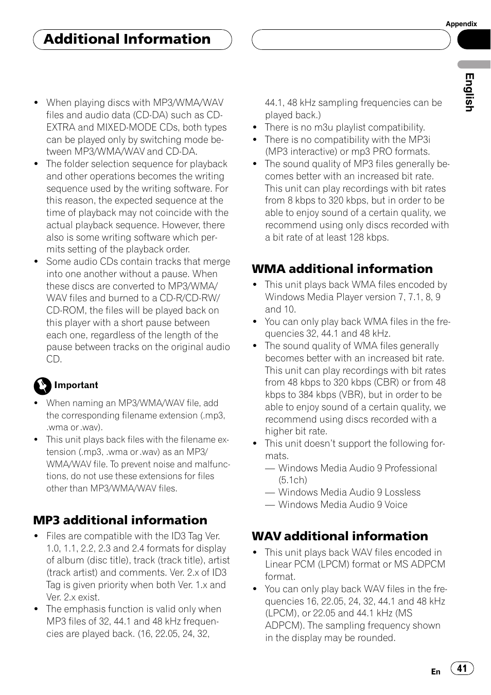 Mp3 additional information 41, Wma additional information 41, Wav additional information 41 | Additional information, Mp3 additional information, Wma additional information, Wav additional information | Pioneer DEH-P4850MP User Manual | Page 41 / 145