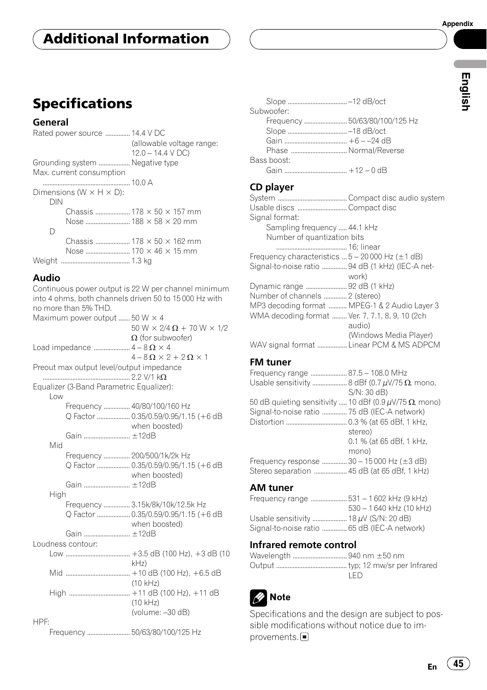 Specifications 45, Specifications, Additional information | English | Pioneer DEH-P4850MP User Manual | Page 45 / 145