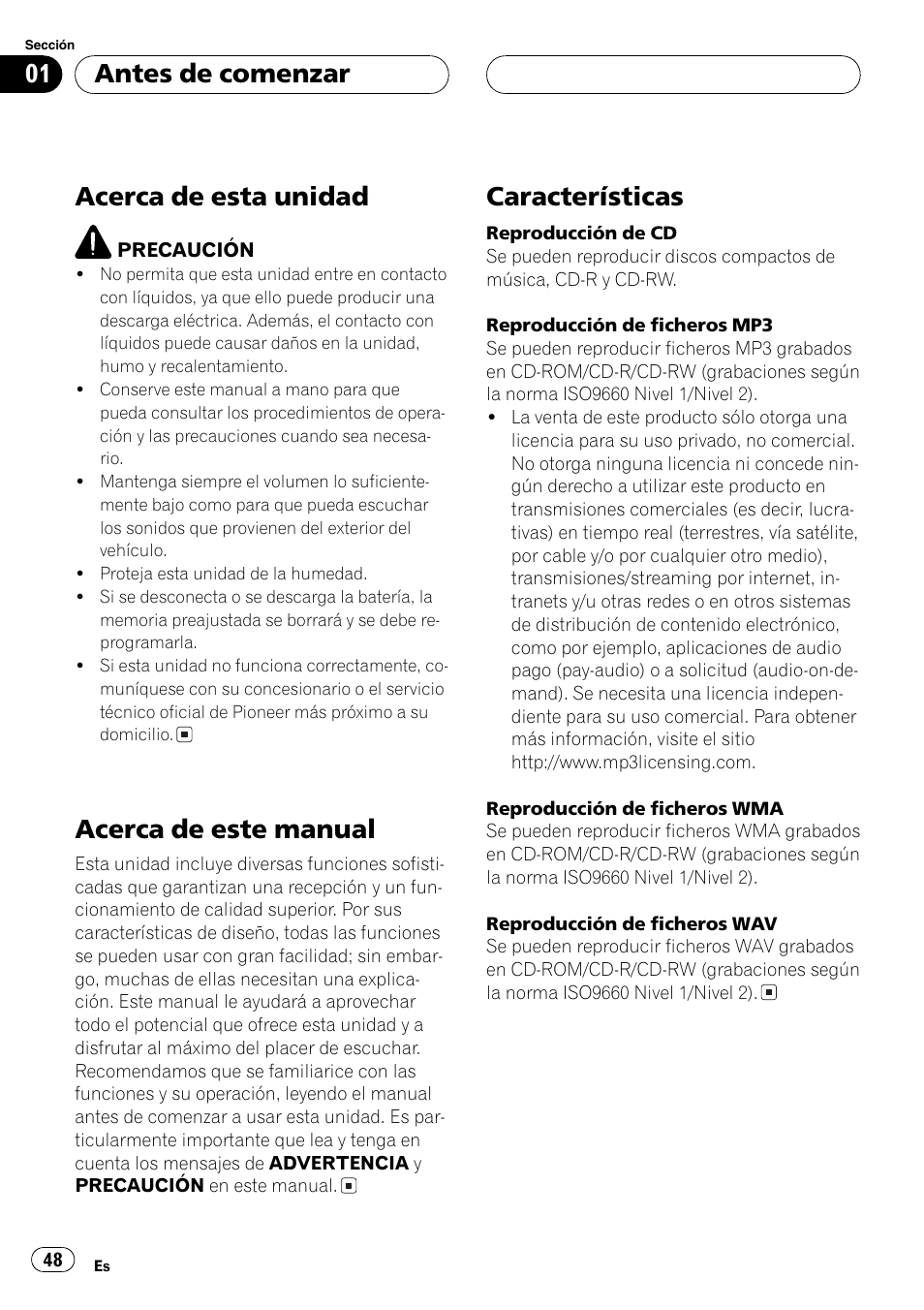 Antes de comenzar acerca de esta unidad 48, Acerca de este manual 48, Características 48 | Acerca de esta unidad, Acerca de este manual, Características, Antes de comenzar | Pioneer DEH-P4850MP User Manual | Page 48 / 145