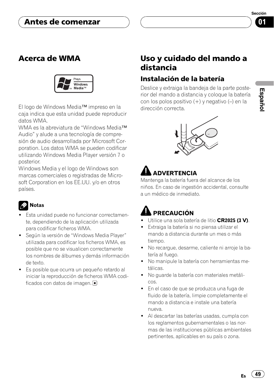 Acerca de wma 49, Uso y cuidado del mando a distancia 49, Instalación de la batería 49 | Acerca de wma, Uso y cuidado del mando a distancia, Antes de comenzar, Instalación de la batería | Pioneer DEH-P4850MP User Manual | Page 49 / 145