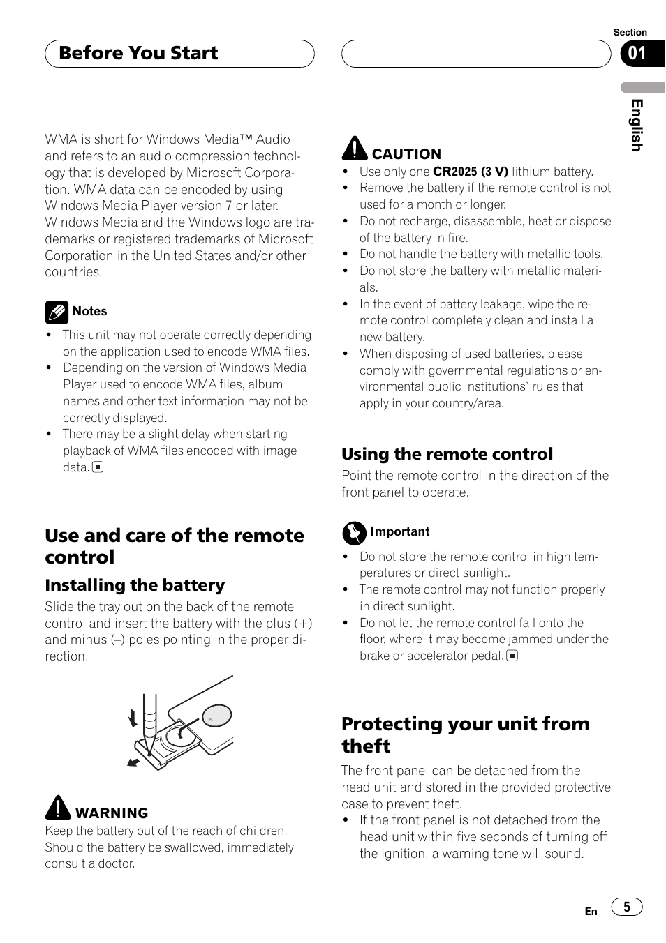 Use and care of the remote control 5, Installing the battery 5, Using the remote control 5 | Protecting your unit from theft 5, Use andcare of the remote control, Protecting your unit from theft, Before you start, Installing the battery, Using the remote control | Pioneer DEH-P4850MP User Manual | Page 5 / 145
