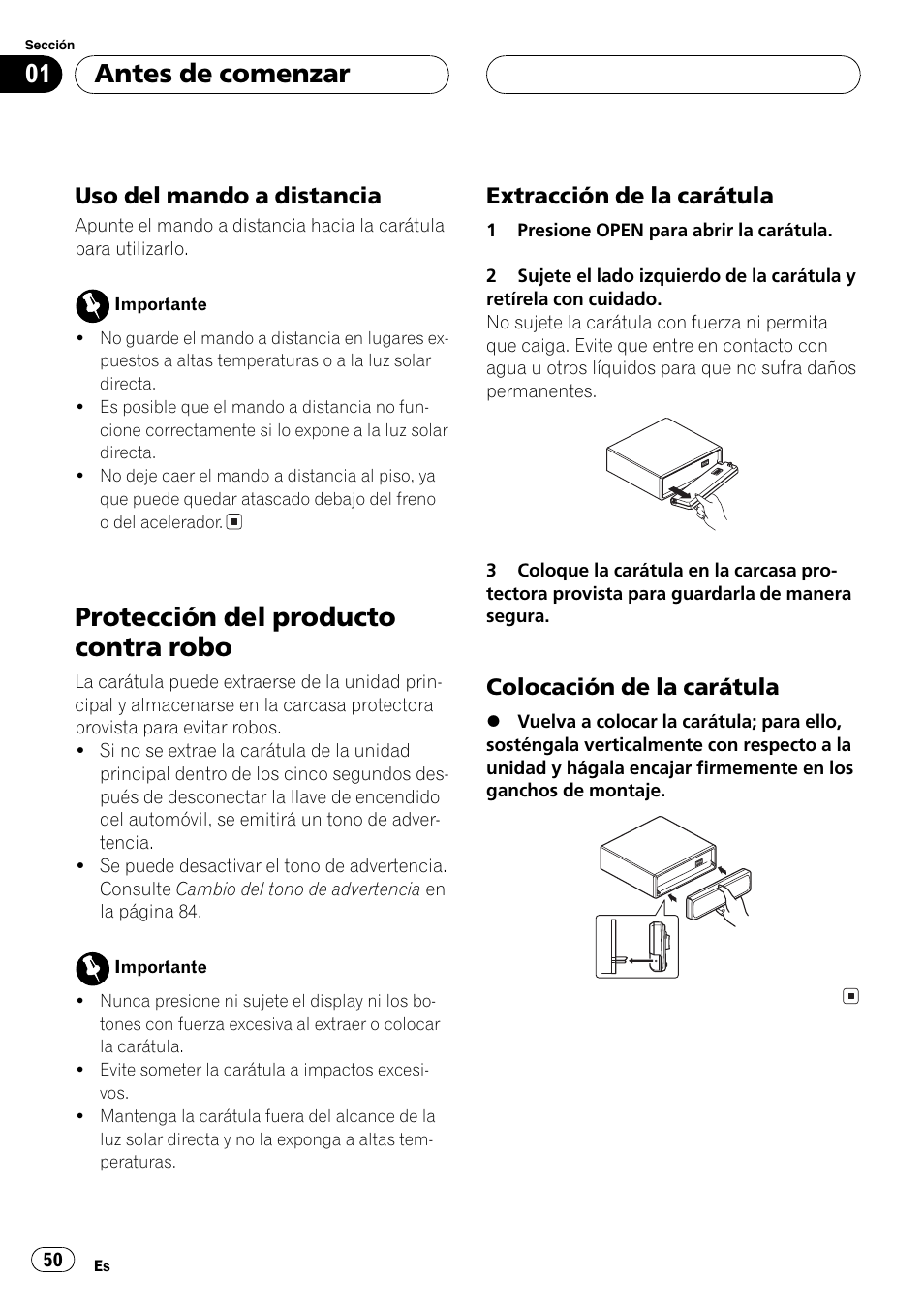 Uso del mando a distancia 50, Protección del producto contra robo 50, Extracción de la carátula 50 | Colocación de la carátula 50, Protección del producto contra robo, Antes de comenzar, Uso del mando a distancia, Extracción de la carátula, Colocación de la carátula | Pioneer DEH-P4850MP User Manual | Page 50 / 145