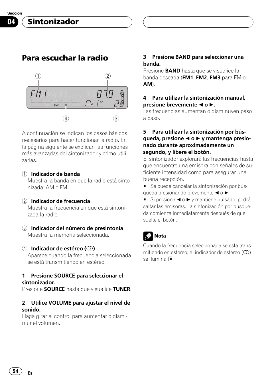 Sintonizador, Para escuchar la radio 54, Para escuchar la radio | Pioneer DEH-P4850MP User Manual | Page 54 / 145