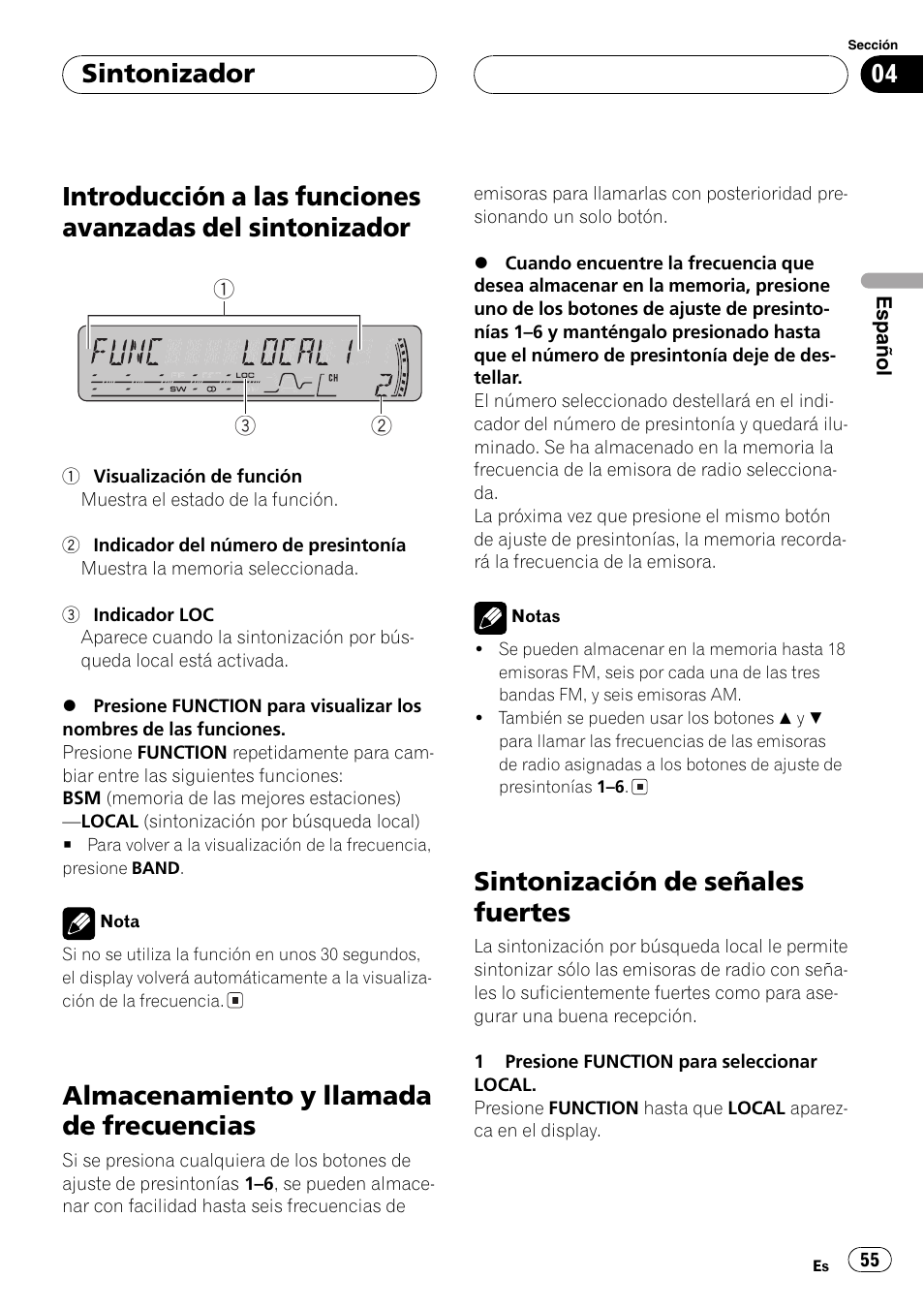 Introducción a las funciones avanzadas del, Sintonizador 55, Almacenamiento y llamada de | Frecuencias 55, Sintonización de señales fuertes 55, Almacenamiento y llamada de frecuencias, Sintonización de señales fuertes, Sintonizador | Pioneer DEH-P4850MP User Manual | Page 55 / 145