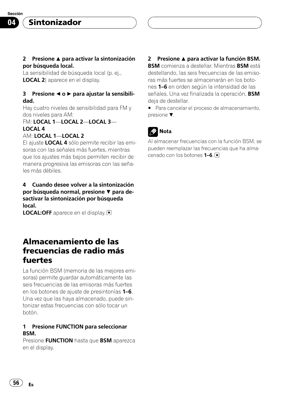 Almacenamiento de las frecuencias de radio, Más fuertes 56, Sintonizador | Pioneer DEH-P4850MP User Manual | Page 56 / 145