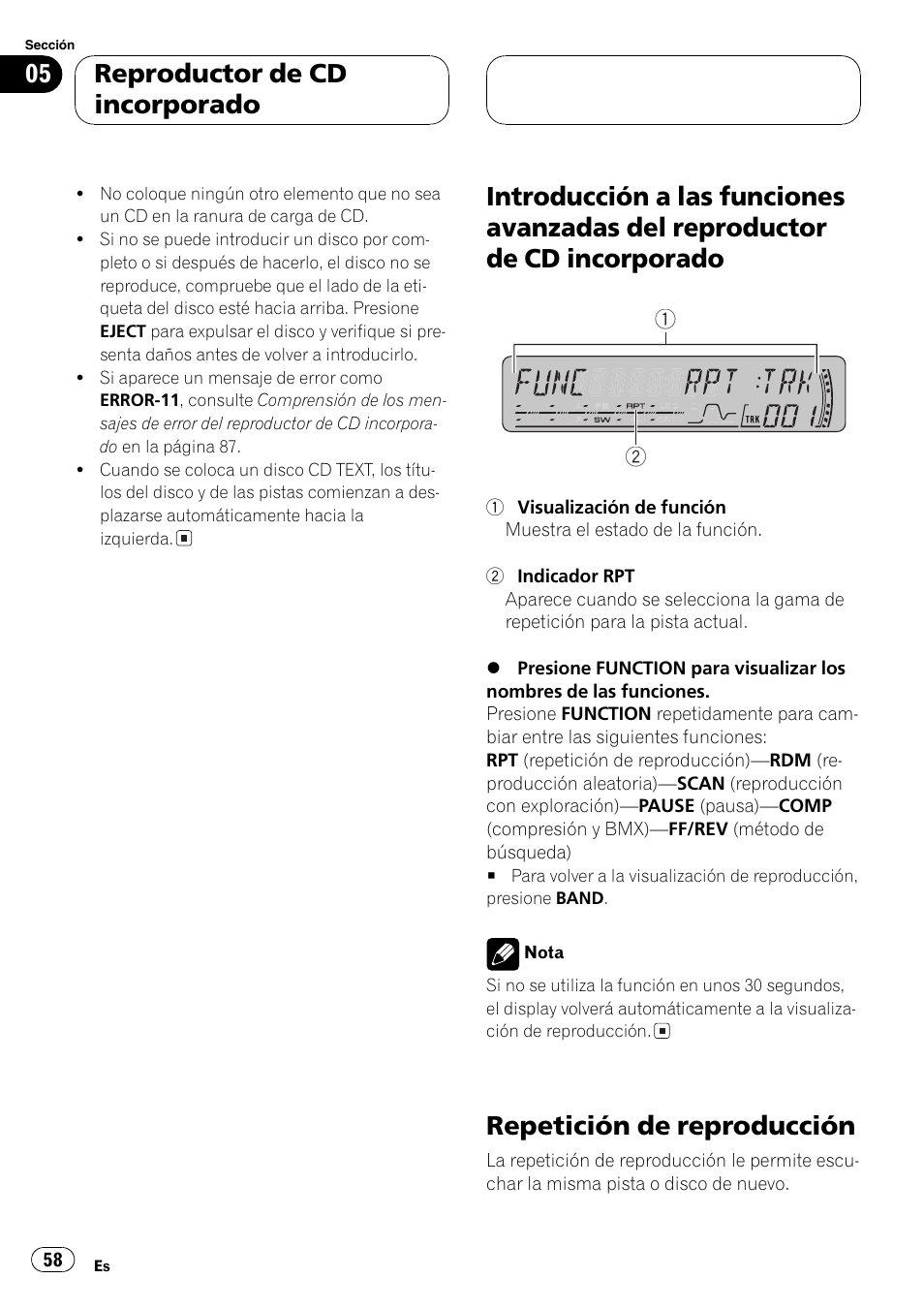 Introducción a las funciones avanzadas del, Reproductor de cd incorporado 58, Repetición de reproducción 58 | Repetición de reproducción, Reproductor de cd incorporado | Pioneer DEH-P4850MP User Manual | Page 58 / 145