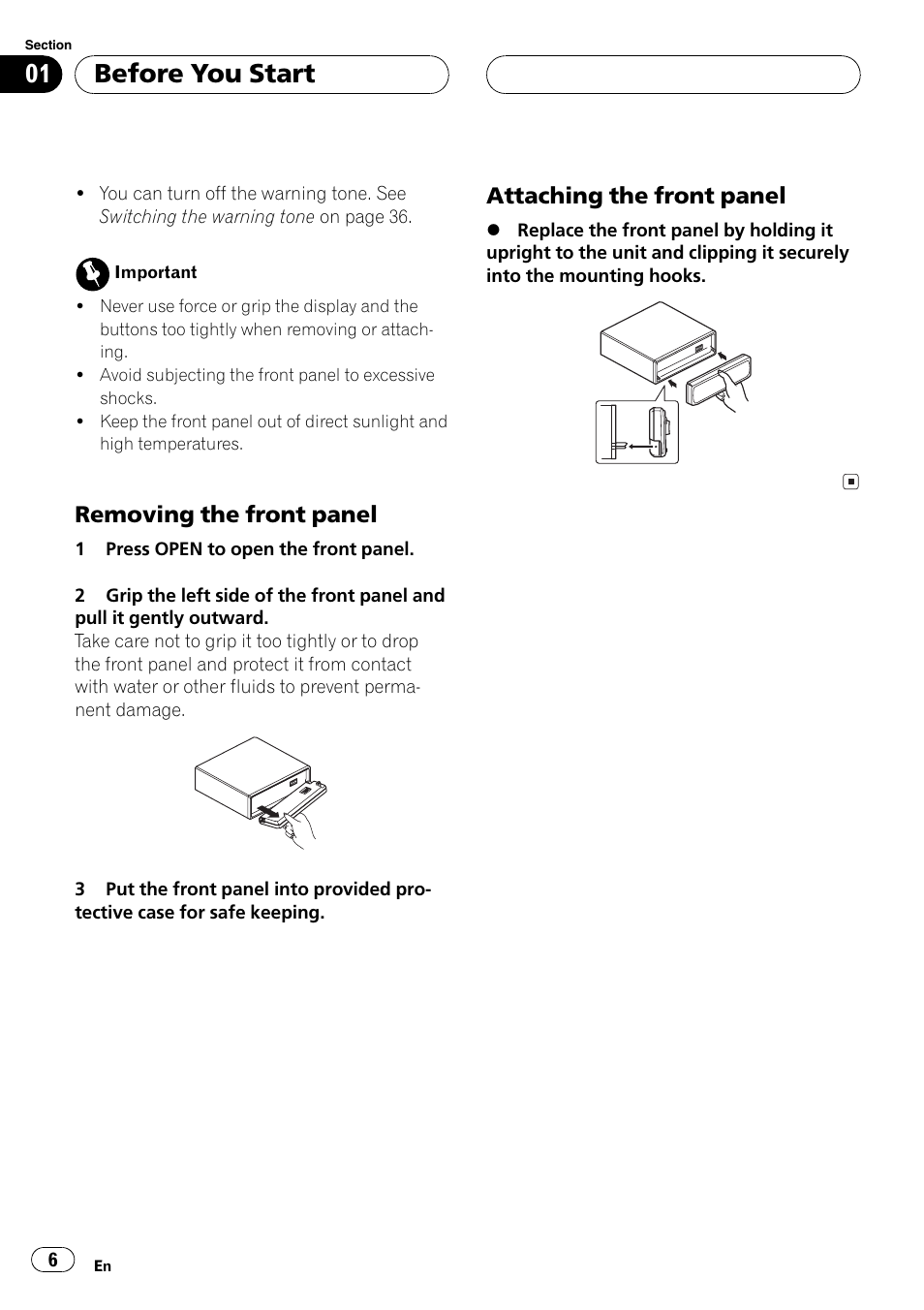 Removing the front panel 6, Attaching the front panel 6, Before you start | Removing the front panel, Attaching the front panel | Pioneer DEH-P4850MP User Manual | Page 6 / 145