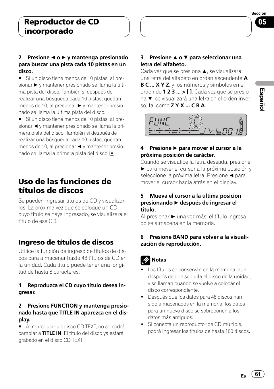 Uso de las funciones de títulos de discos 61, Ingreso de títulos de discos 61, Uso de las funciones de títulos de discos | Reproductor de cd incorporado, Ingreso de títulos de discos | Pioneer DEH-P4850MP User Manual | Page 61 / 145