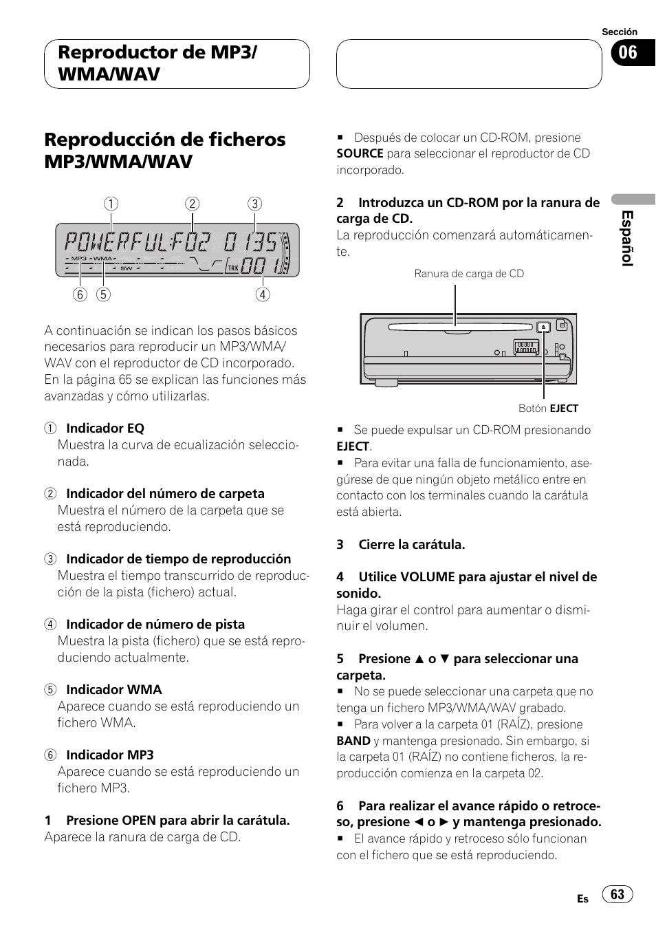 Reproductor de mp3/wma/wav, Reproducción de ficheros mp3/wma, Wav 63 | Reproducción de ficheros mp3/wma/wav, Reproductor de mp3/ wma/wav | Pioneer DEH-P4850MP User Manual | Page 63 / 145