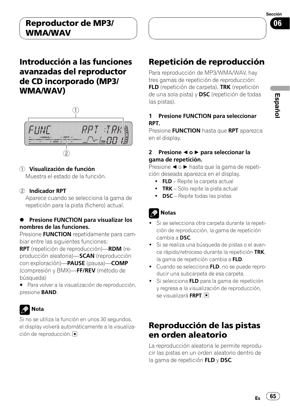 Introducción a las funciones avanzadas del, Reproductor de cd incorporado (mp3, Wma/wav) 65 | Repetición de reproducción 65, Reproducción de las pistas en orden, Aleatorio 65, Repetición de reproducción, Reproducción de las pistas en orden aleatorio, Reproductor de mp3/ wma/wav | Pioneer DEH-P4850MP User Manual | Page 65 / 145