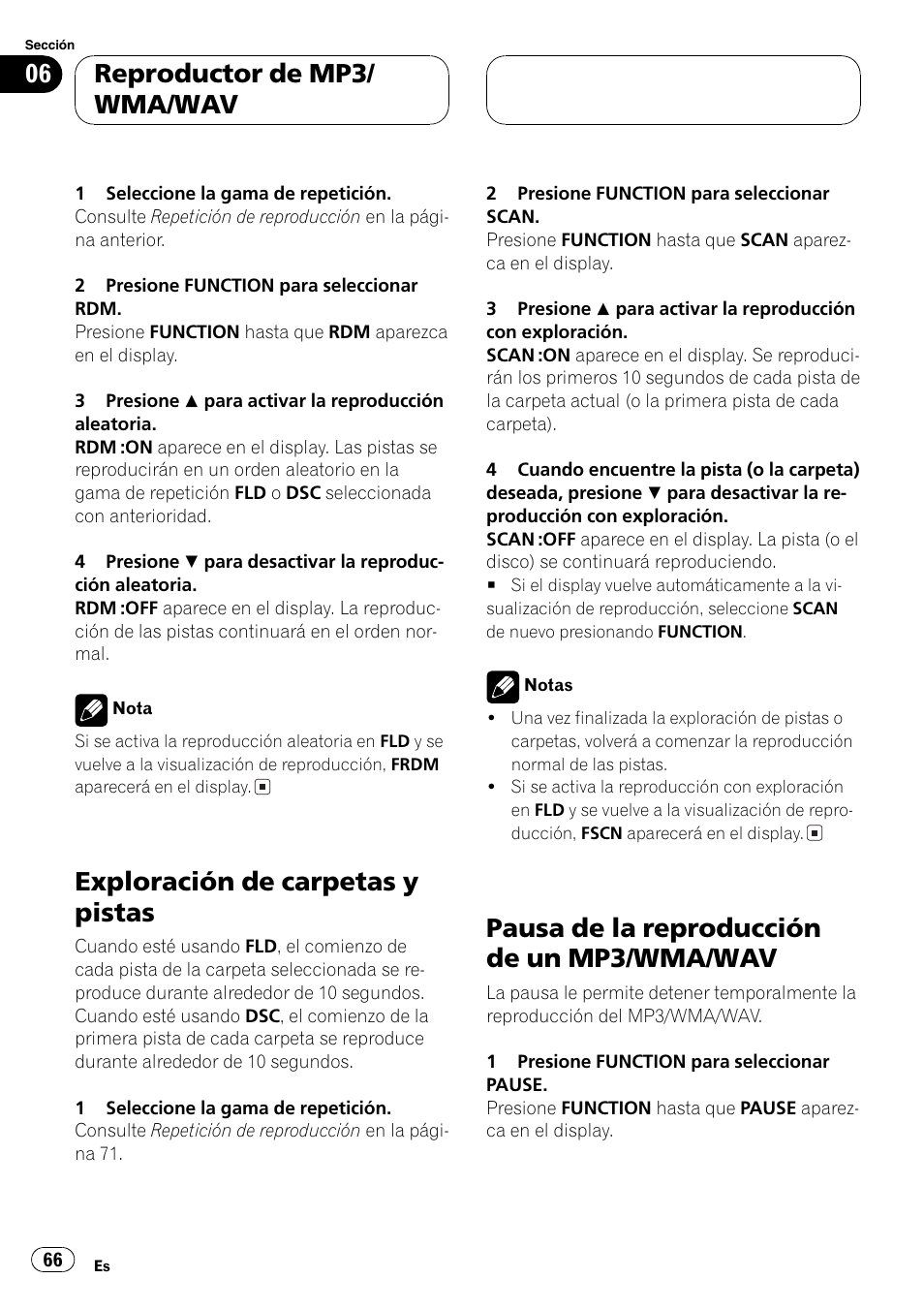 Exploración de carpetas y pistas 66, Pausa de la reproducción de un mp3/wma, Wav 66 | Exploración de carpetas y pistas, Pausa de la reproducción de un mp3/wma/wav, Reproductor de mp3/ wma/wav | Pioneer DEH-P4850MP User Manual | Page 66 / 145