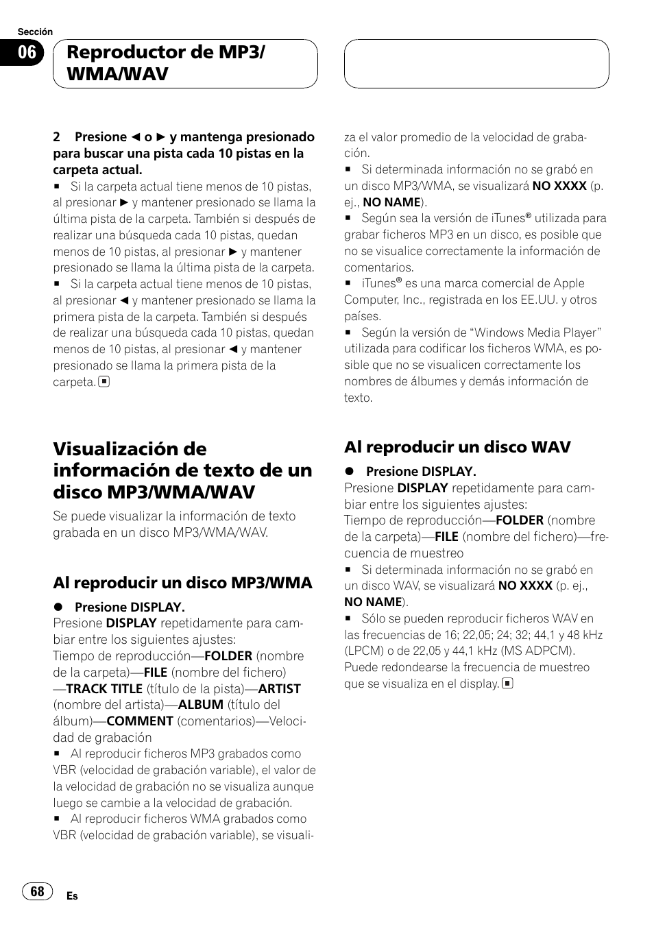 Visualización de información de texto de un, Disco mp3/wma/wav 68, Al reproducir un disco mp3/wma 68 | Al reproducir un disco wav 68, Reproductor de mp3/ wma/wav | Pioneer DEH-P4850MP User Manual | Page 68 / 145