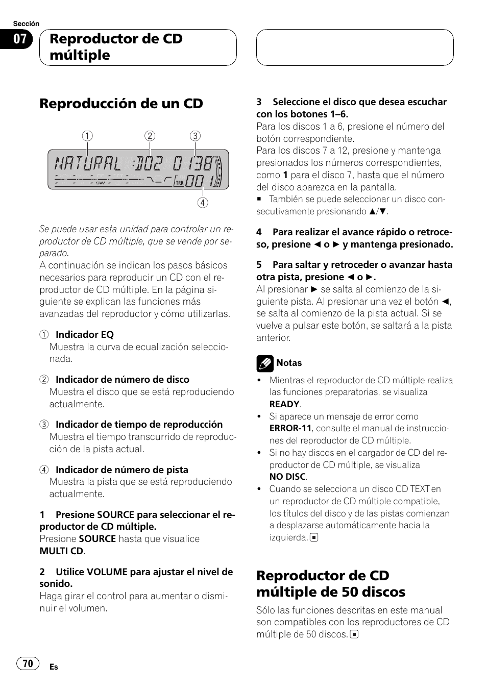 Reproductor de cd múltiple, Reproducción de un cd 70, Reproductor de cd múltiple de 50 | Discos 70, Reproducción de un cd, Reproductor de cd múltiple de 50 discos | Pioneer DEH-P4850MP User Manual | Page 70 / 145