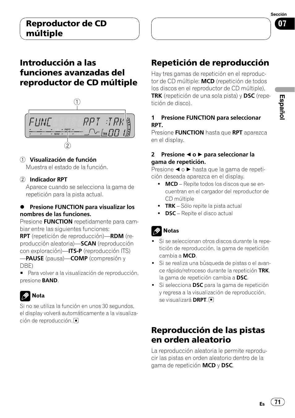Introducción a las funciones avanzadas del, Reproductor de cd múltiple 71, Repetición de reproducción 71 | Reproducción de las pistas en orden, Aleatorio 71, Repetición de reproducción en la pági, Na 71, Repetición de reproducción, Reproducción de las pistas en orden aleatorio, Reproductor de cd múltiple | Pioneer DEH-P4850MP User Manual | Page 71 / 145