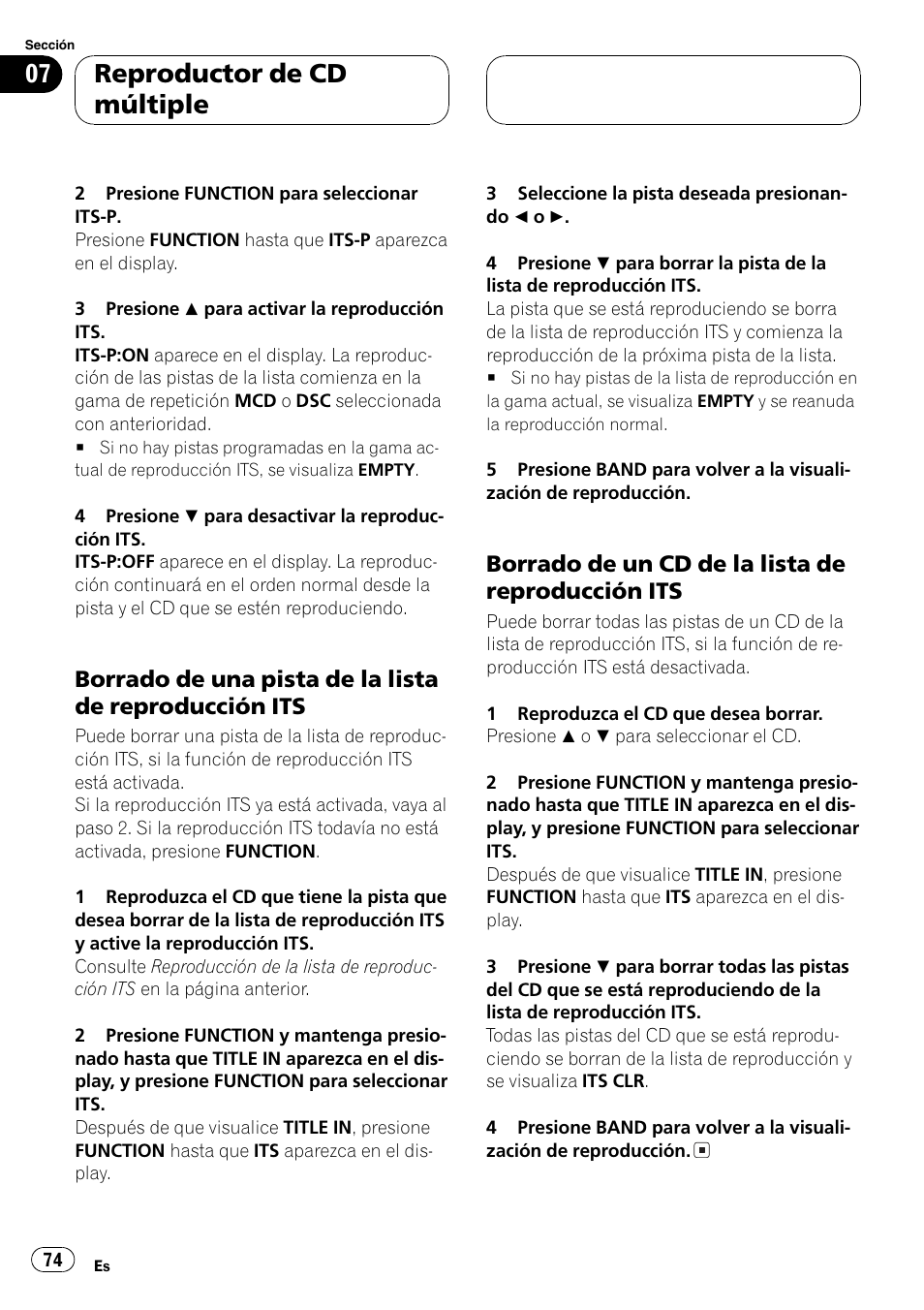 Borrado de una pista de la lista de, Reproducción its 74, Borrado de un cd de la lista de | Reproductor de cd múltiple, Borrado de un cd de la lista de reproducción its | Pioneer DEH-P4850MP User Manual | Page 74 / 145