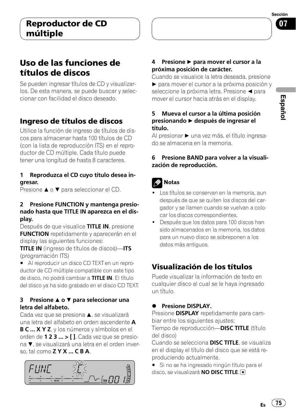 Uso de las funciones de títulos de discos 75, Ingreso de títulos de discos 75, Visualización de los títulos 75 | Uso de las funciones de títulos de discos, Reproductor de cd múltiple, Ingreso de títulos de discos, Visualización de los títulos | Pioneer DEH-P4850MP User Manual | Page 75 / 145