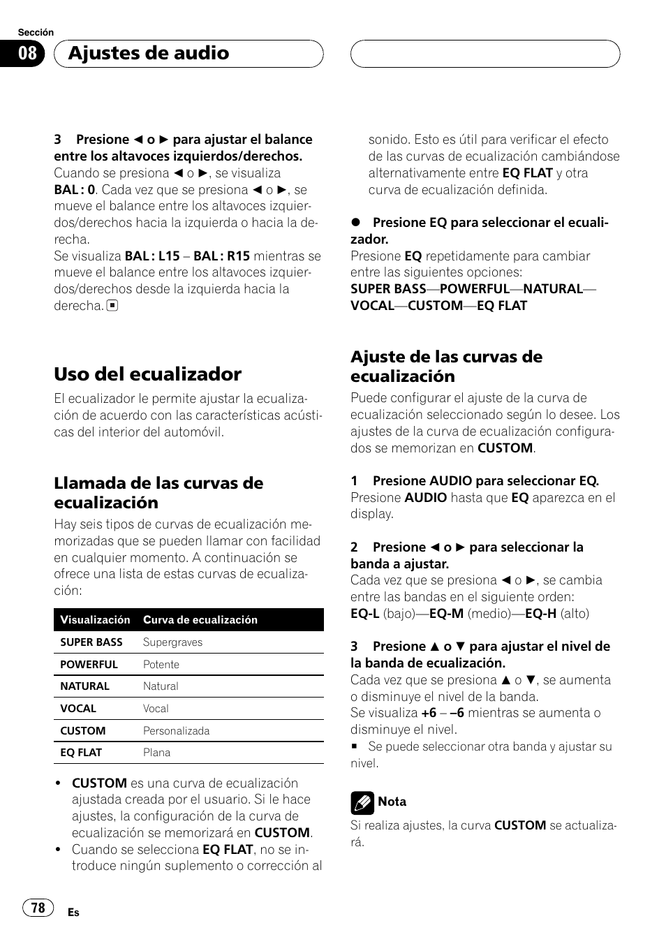 Uso del ecualizador 78, Llamada de las curvas de, Ecualización 78 | Ajuste de las curvas de, Uso del ecualizador, Ajustes de audio, Llamada de las curvas de ecualización, Ajuste de las curvas de ecualización | Pioneer DEH-P4850MP User Manual | Page 78 / 145