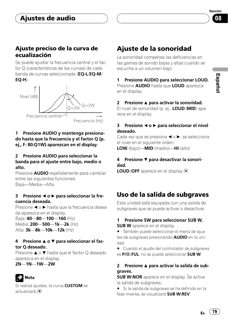 Ajuste preciso de la curva de, Ecualización 79, Ajuste de la sonoridad 79 | Uso de la salida de subgraves 79, Ajuste de la sonoridad, Uso de la salida de subgraves, Ajustes de audio, Ajuste preciso de la curva de ecualización | Pioneer DEH-P4850MP User Manual | Page 79 / 145