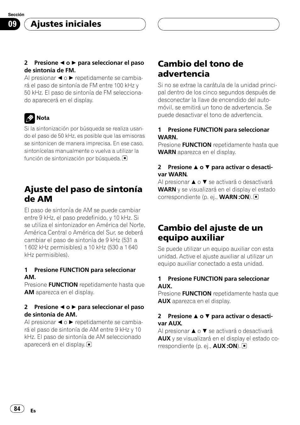 Ajuste del paso de sintonía de am 84, Cambio del tono de advertencia 84, Cambio del ajuste de un equipo auxiliar 84 | Ajuste del paso de sintonía d e am, Cambio del tono de advertencia, Cambio del ajuste de un equipo auxiliar, Ajustes iniciales | Pioneer DEH-P4850MP User Manual | Page 84 / 145