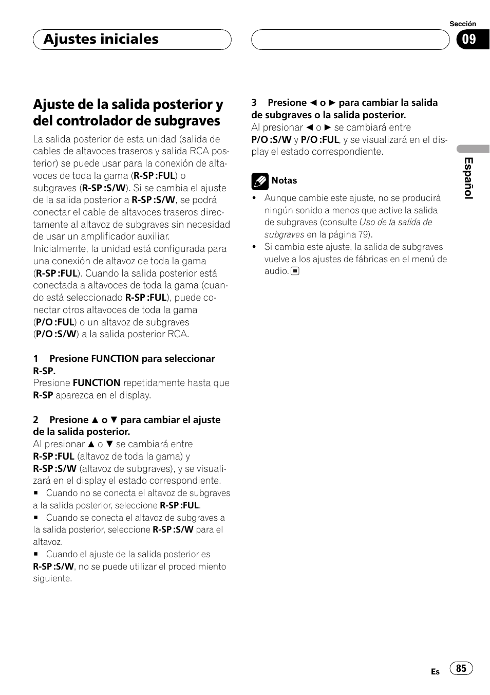 Ajuste de la salida posterior y del controlador, De subgraves 85, Ajustes iniciales | Pioneer DEH-P4850MP User Manual | Page 85 / 145