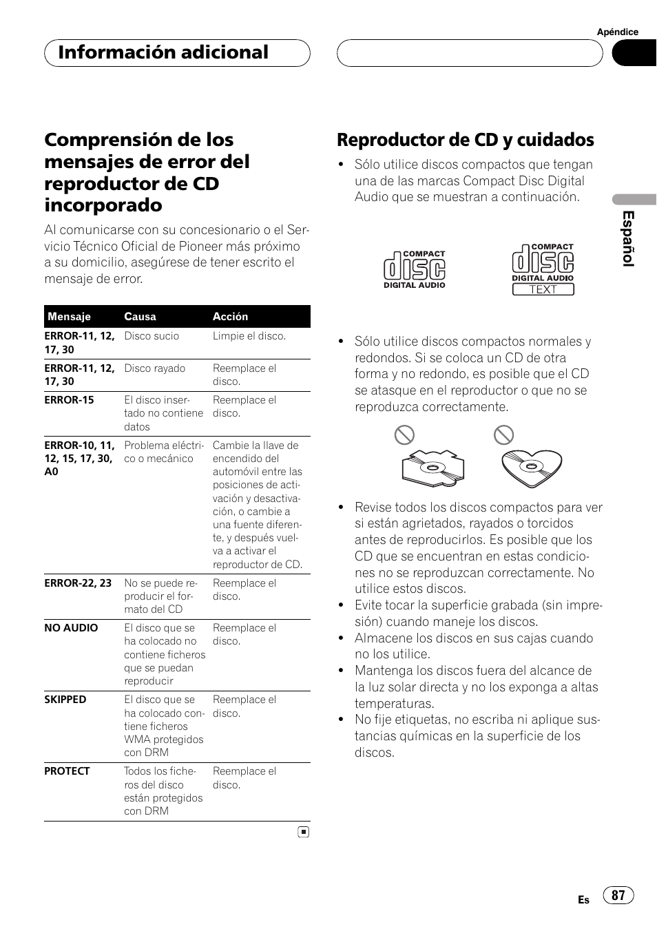 Información adicional, Comprensión de los mensajes de error del, Reproductor de cd incorporado 87 | Reproductor de cd y cuidados 87, Reproductor de cd y cuidados, Español | Pioneer DEH-P4850MP User Manual | Page 87 / 145