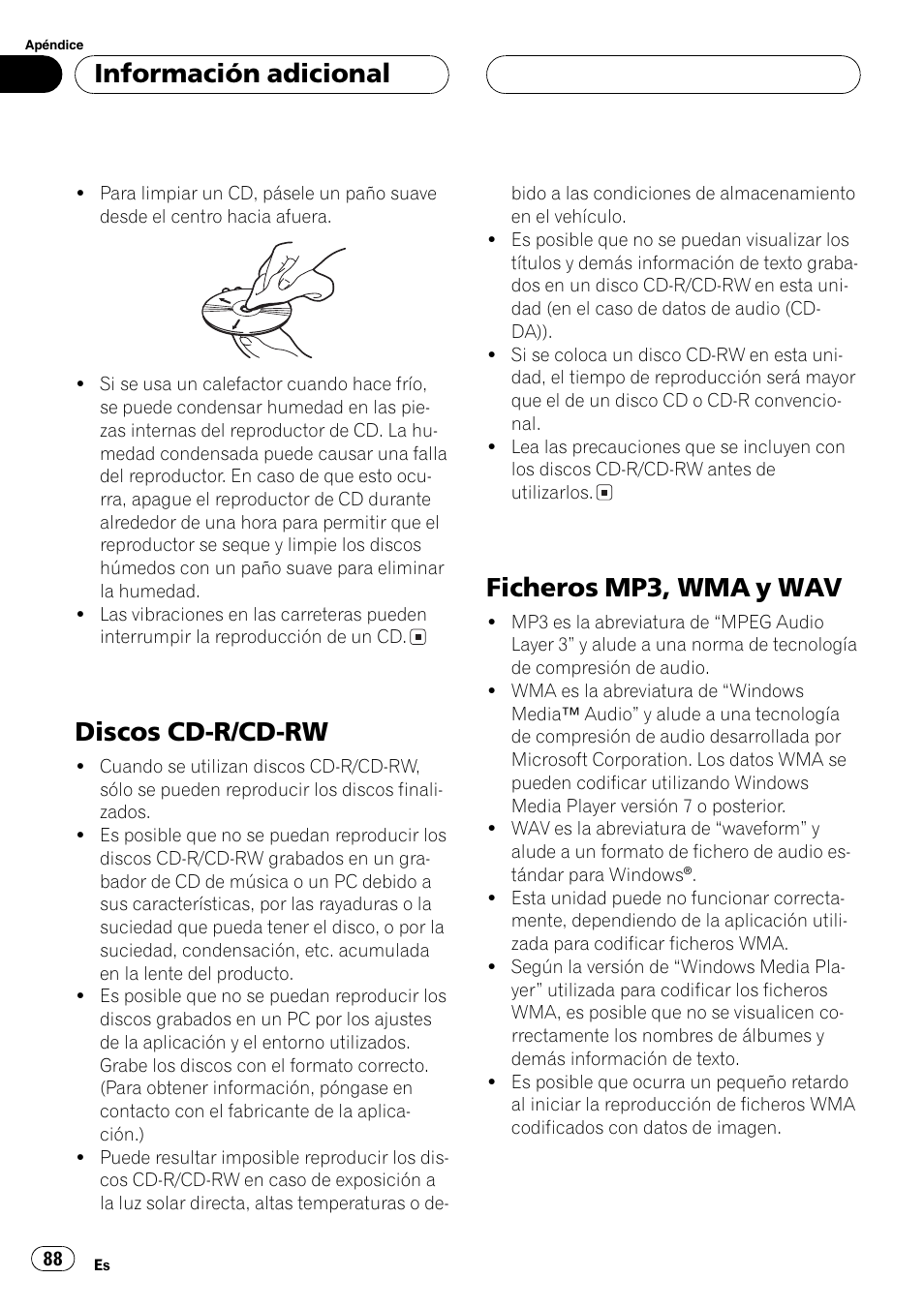 Discos cd-r/cd-rw 88, Ficheros mp3, wma y wav 88, Discos cd-r/cd-rw | Ficheros mp3, wma y wav, Información adicional | Pioneer DEH-P4850MP User Manual | Page 88 / 145