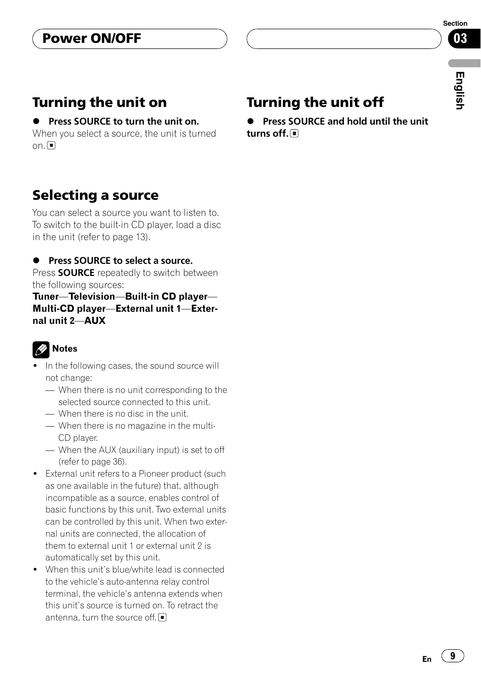 Turning the unit on, Selecting a source, Turning the unit off | Power on/off | Pioneer DEH-P4850MP User Manual | Page 9 / 145