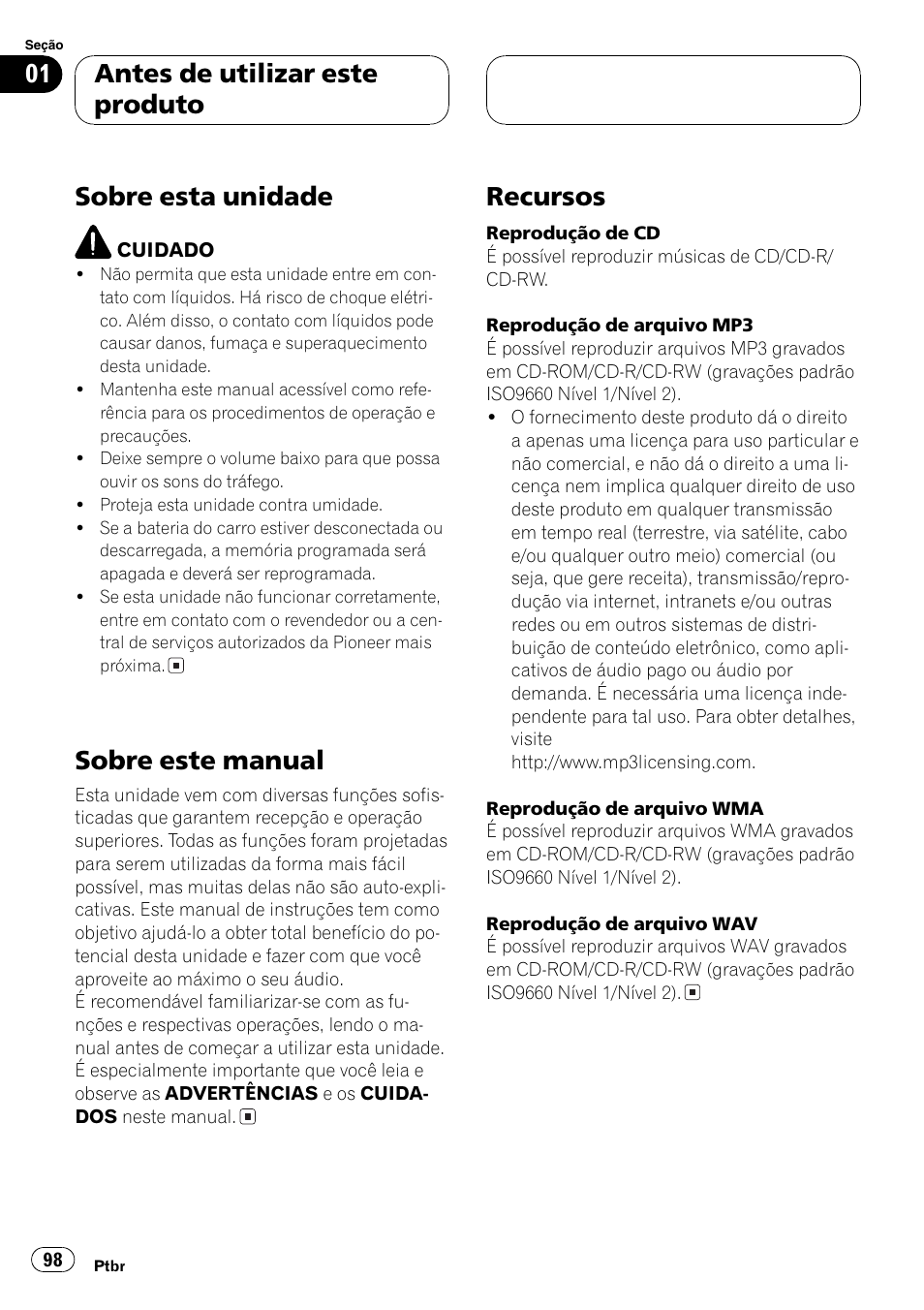 Sobre este manual 98, Recursos 98, Sobre esta unidade | Sobre este manual, Recursos, Antes de utilizar este produto | Pioneer DEH-P4850MP User Manual | Page 98 / 145