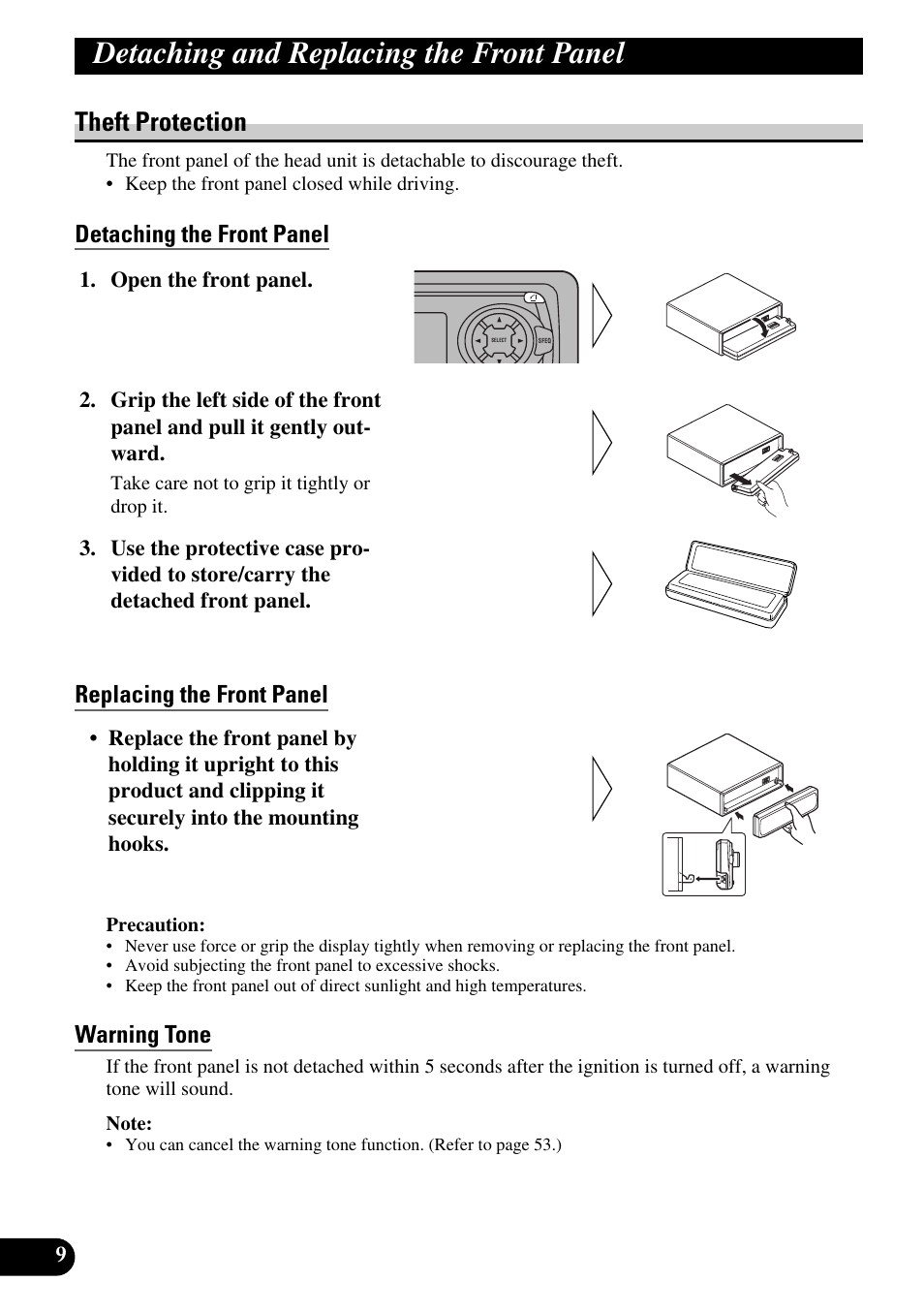Detaching and replacing the, Front panel, Theft protection | Detaching the front panel, Replacing the front panel, Warning tone, Detaching and replacing the front panel | Pioneer DEH-P6300R User Manual | Page 10 / 140