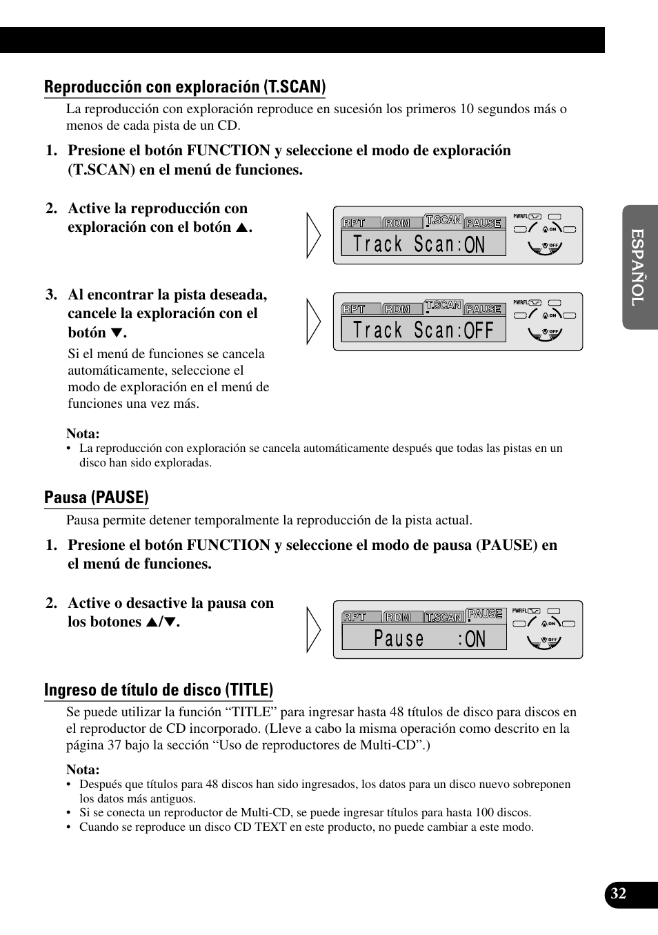 Reproducción con exploración (t.scan), Pausa (pause), Ingreso de título de disco (title) | A title (english) | Pioneer DEH-P6300R User Manual | Page 101 / 140