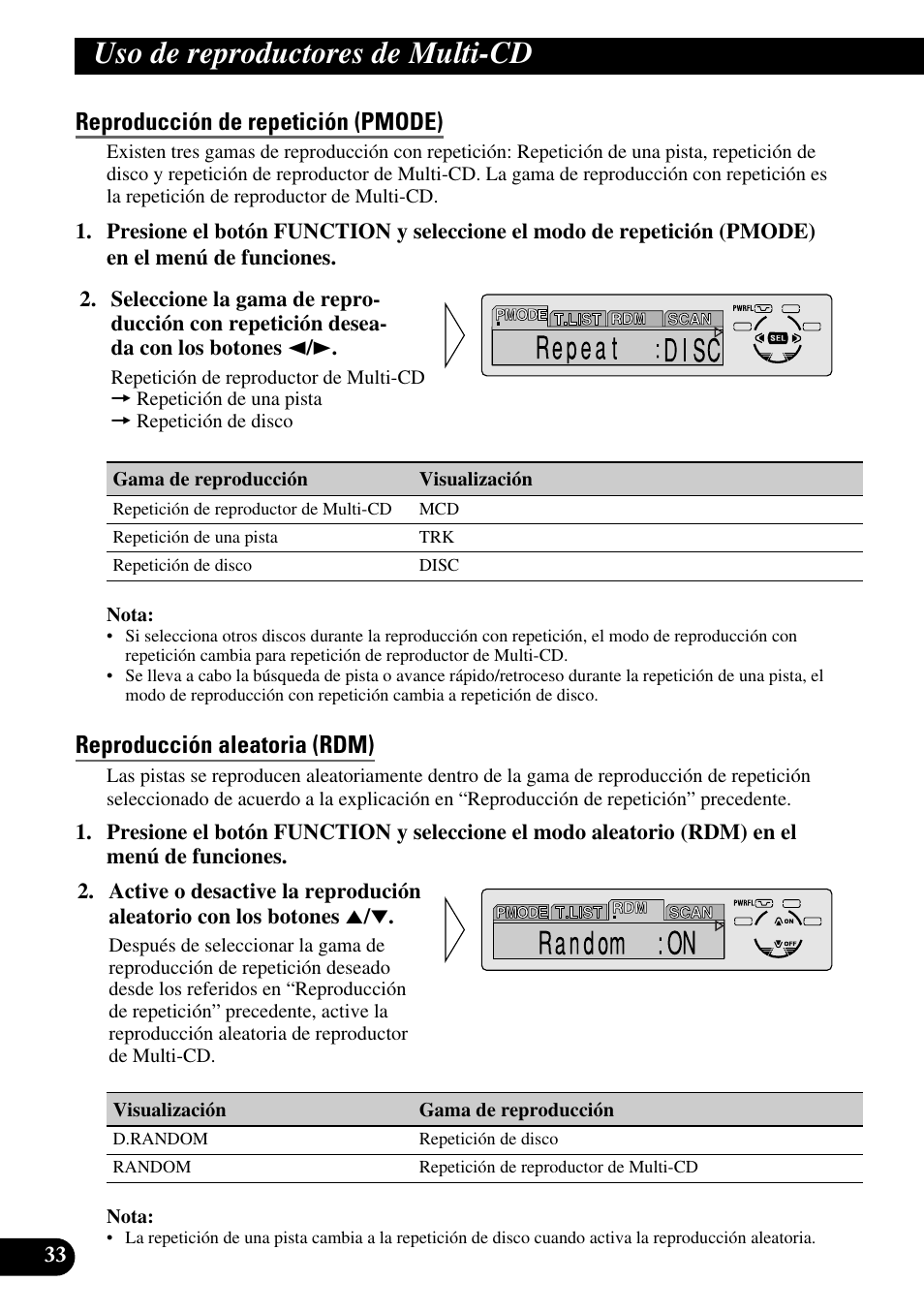 Uso de reproductores de multi-cd, Reproducción de repetición (pmode), Reproducción aleatoria (rdm) | Pioneer DEH-P6300R User Manual | Page 102 / 140