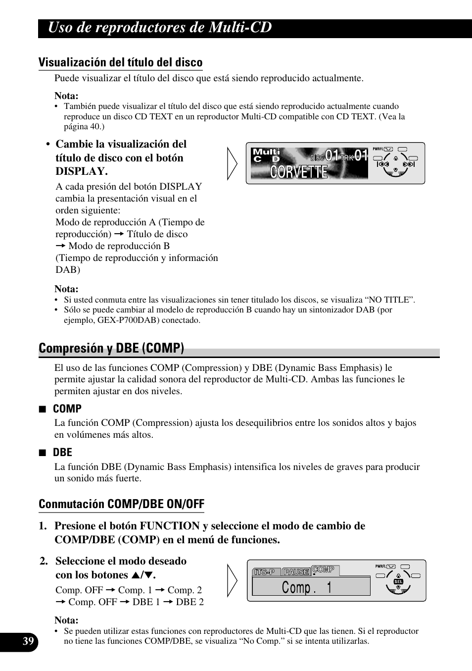 Visualización del título del disco, Compresión y dbe (comp), Conmutación comp/dbe on/off | Uso de reproductores de multi-cd | Pioneer DEH-P6300R User Manual | Page 108 / 140