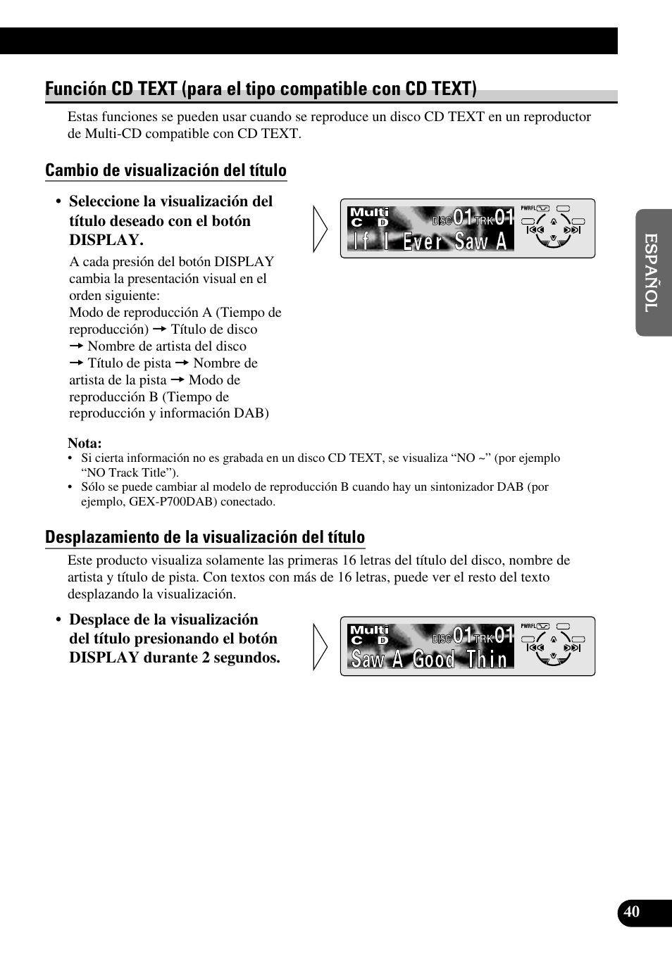 Función cd text (para el tipo compatible, Con cd text), Cambio de visualización del título | Desplazamiento de la visualización del título, A title (english) | Pioneer DEH-P6300R User Manual | Page 109 / 140