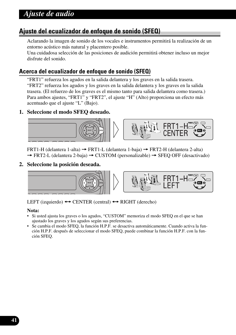 Ajuste de audio, Ajuste del ecualizador de enfoque de sonido, Sfeq) | Acerca del ecualizador de enfoque de, Sonido (sfeq), Ajuste del ecualizador de enfoque de sonido (sfeq), Acerca del ecualizador de enfoque de sonido (sfeq), Seleccione el modo sfeq deseado, Seleccione la posición deseada | Pioneer DEH-P6300R User Manual | Page 110 / 140