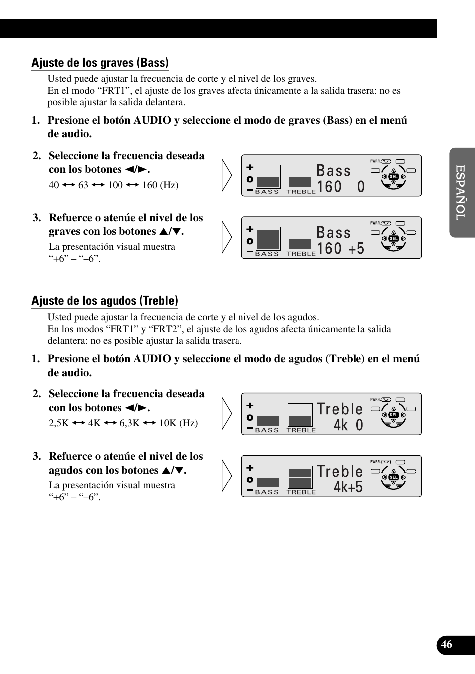 Ajuste de los graves (bass), Ajuste de los agudos (treble) | Pioneer DEH-P6300R User Manual | Page 115 / 140