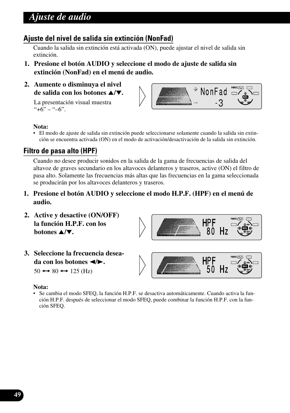 Ajuste del nivel de salida sin extinción (nonfad), Filtro de pasa alto (hpf), Ajuste de audio | Pioneer DEH-P6300R User Manual | Page 118 / 140