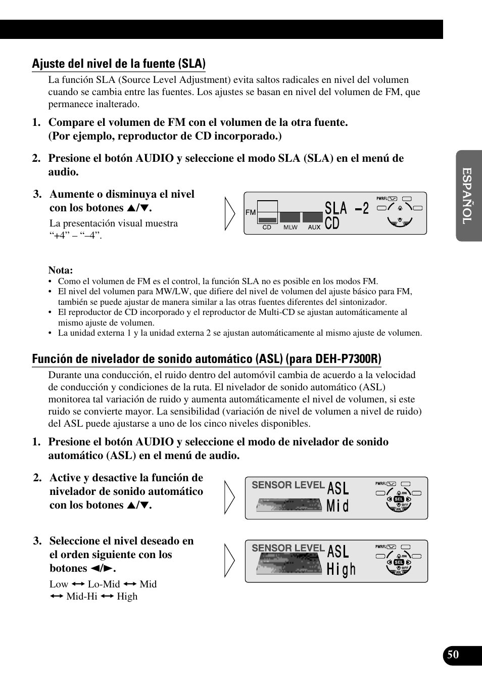 Ajuste del nivel de la fuente (sla), Función de nivelador de sonido automático (asl) | Pioneer DEH-P6300R User Manual | Page 119 / 140