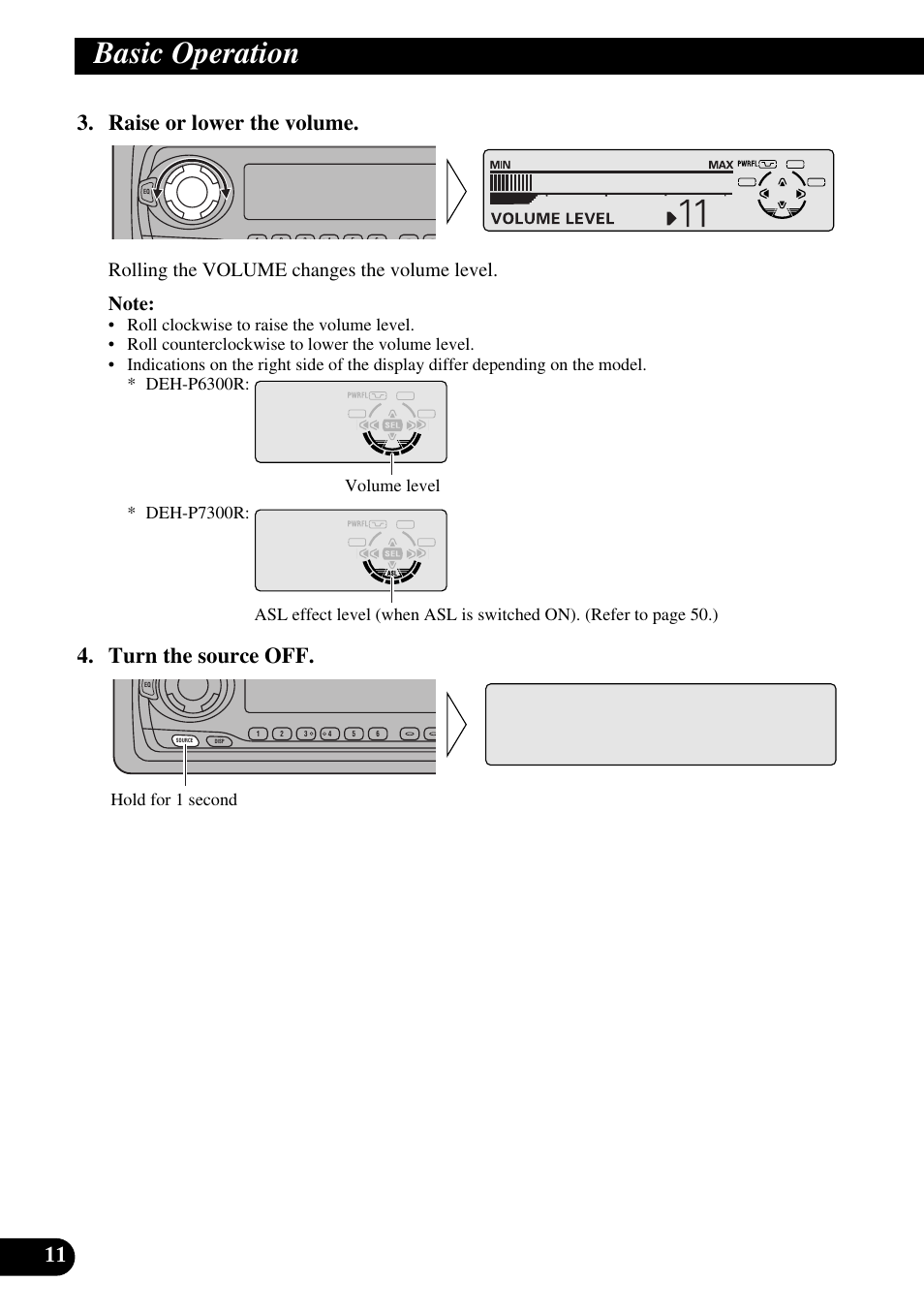 Basic operation, Raise or lower the volume, Turn the source off | Hold for 1 second | Pioneer DEH-P6300R User Manual | Page 12 / 140