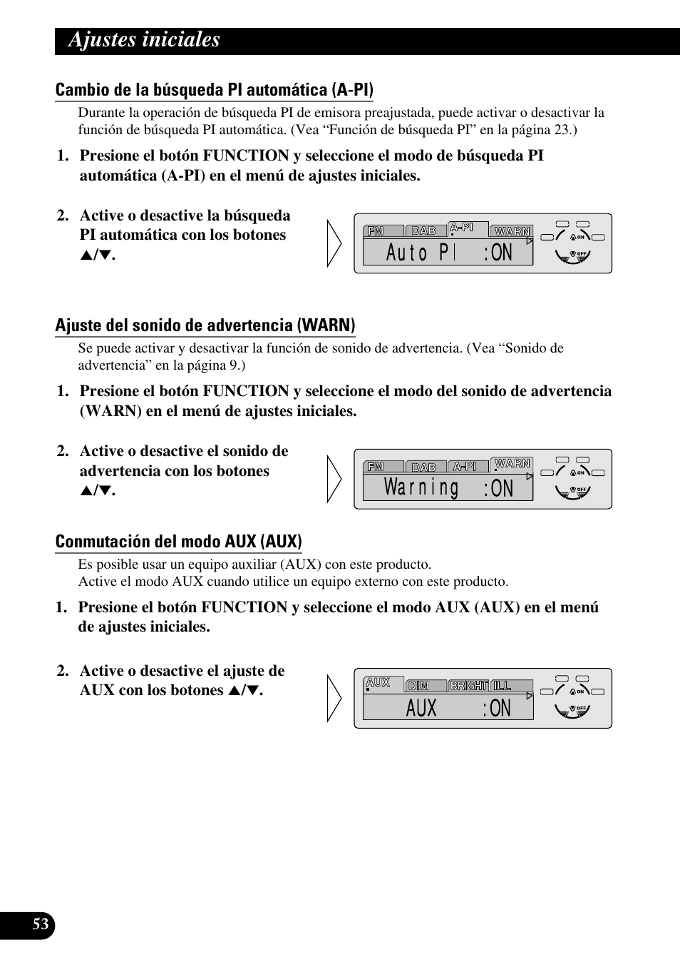 Cambio de la búsqueda pi automática (a-pi), Ajuste del sonido de advertencia (warn), Conmutación del modo aux (aux) | A title (english) ajustes iniciales | Pioneer DEH-P6300R User Manual | Page 122 / 140