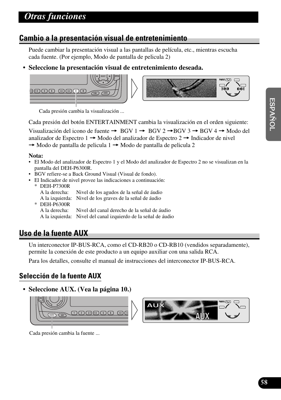 Otras funciones, Cambio a la presentación visual de, Entretenimiento | Uso de la fuente aux, Selección de la fuente aux, A title (english), Cambio a la presentación visual de entretenimiento, Seleccione aux. (vea la página 10.) | Pioneer DEH-P6300R User Manual | Page 127 / 140