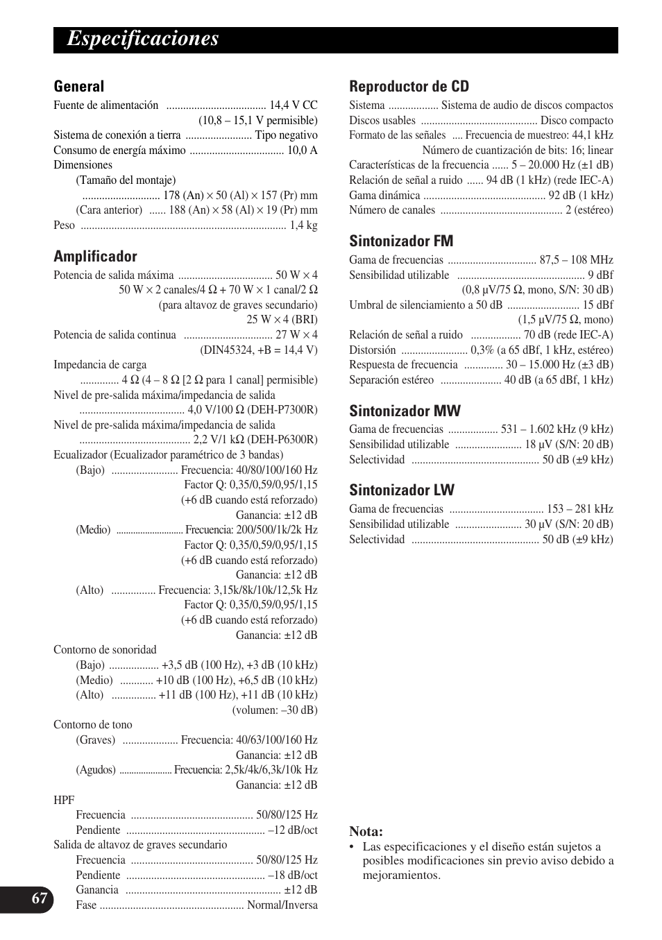 Especificaciones, A title (english) especificaciones | Pioneer DEH-P6300R User Manual | Page 136 / 140