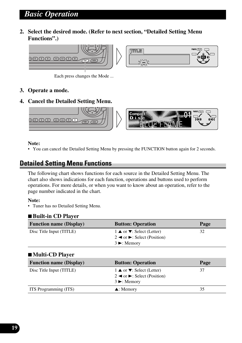Detailed setting menu functions, Basic operation, 7 built-in cd player | 7 multi-cd player, Function name (display) button: operation page | Pioneer DEH-P6300R User Manual | Page 20 / 140